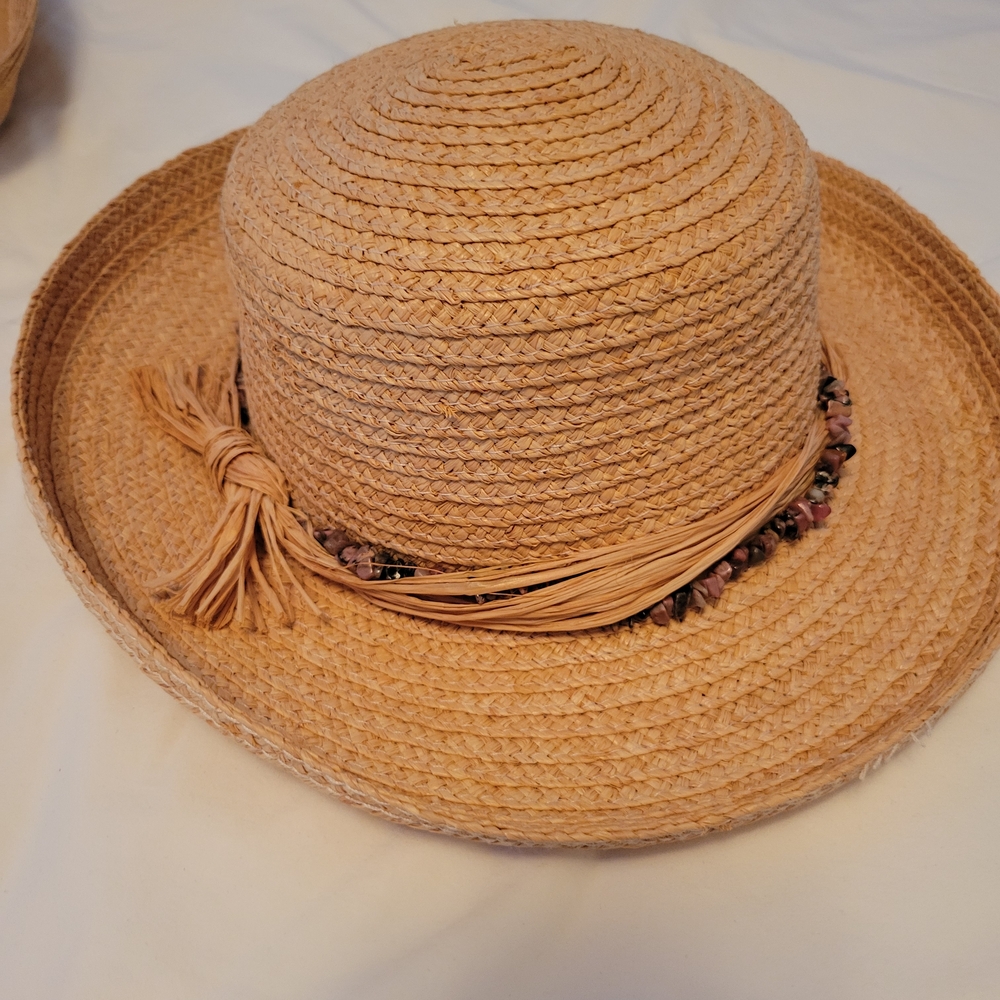 Elegant Tan Straw Hat with Beaded Trim